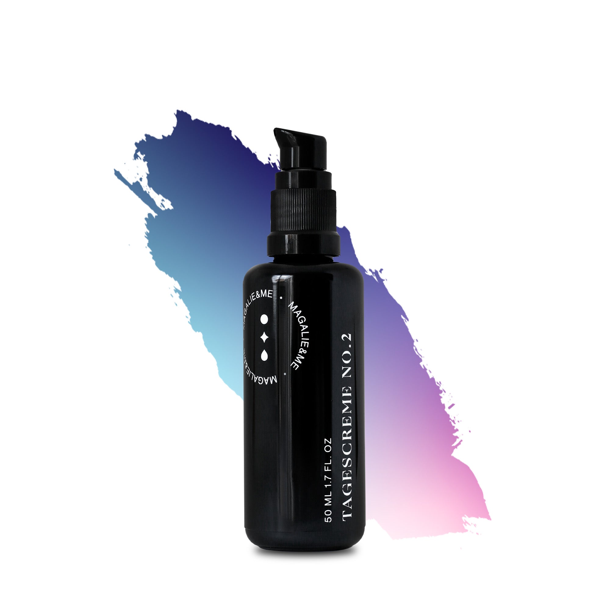 Schwarze Flasche mit Pumpverschluss vor einem bunten, blauen und rosa-farbenen Hintergrund.